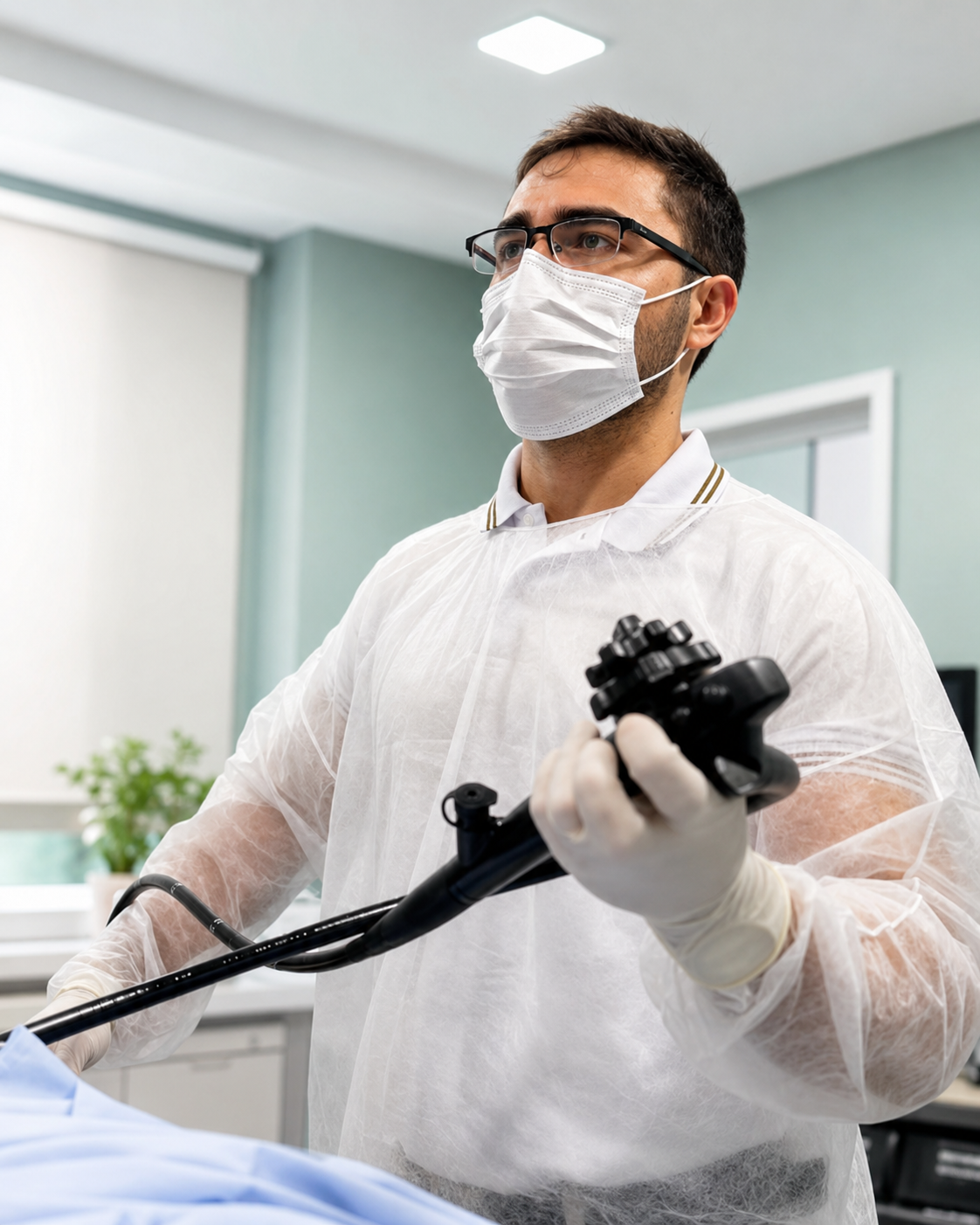Dr. Ricardo Siqueira com equipamento utilizado em colonoscopia